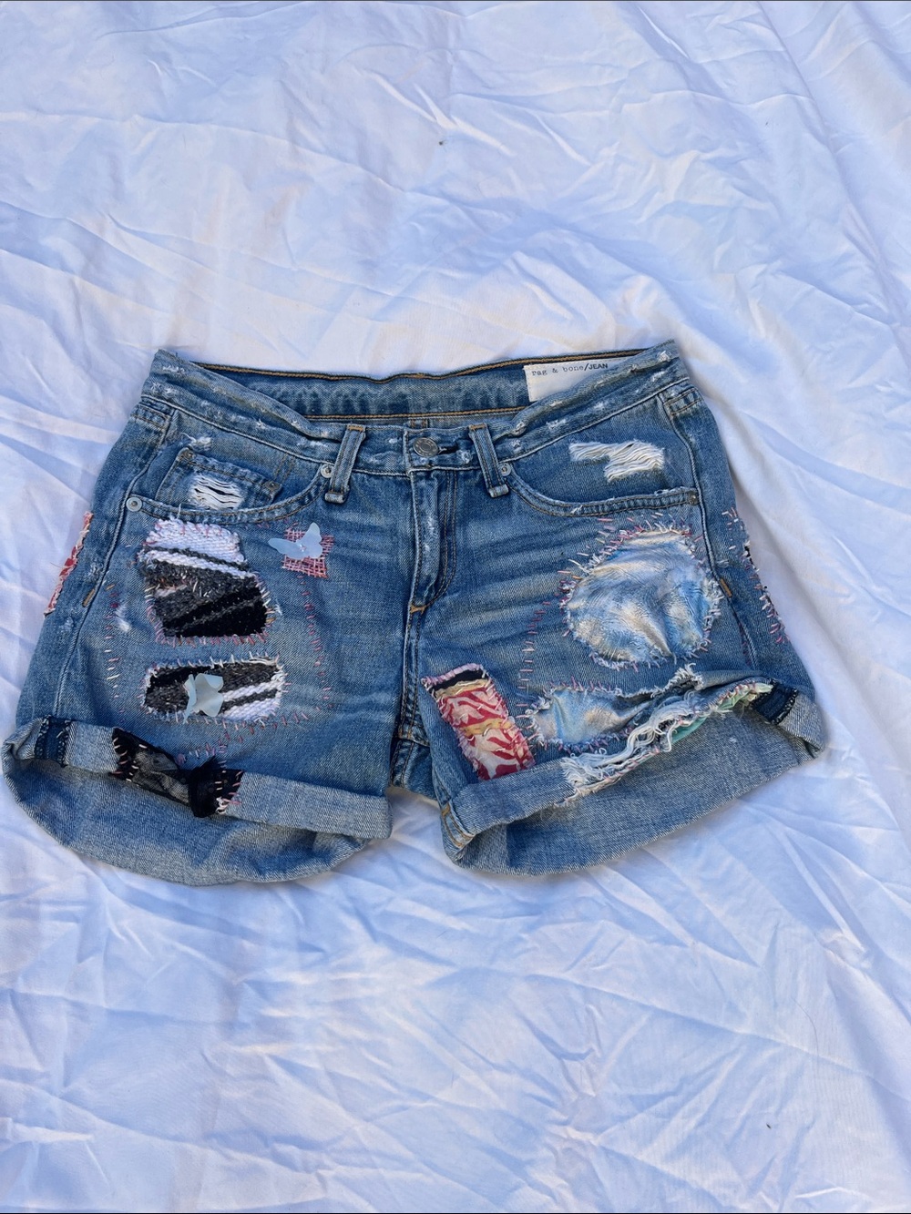 Rag & Bone OOAK Reworked Distressed Patchwork Denim Shorts Festival